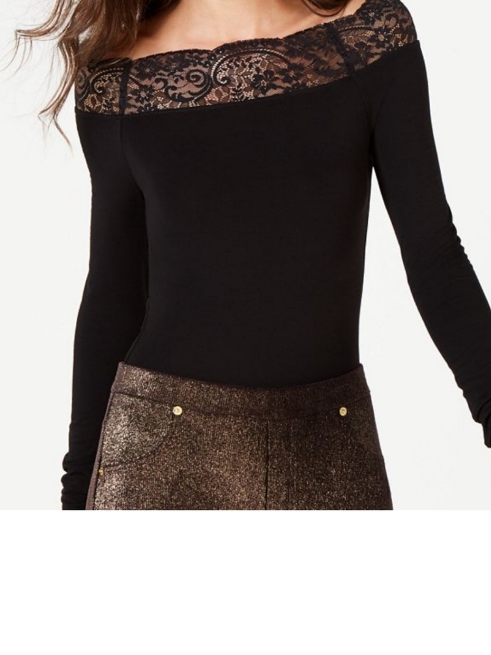 Michael Kors Black Lace-Trim Off-Shoulder Black Bodysuit size small